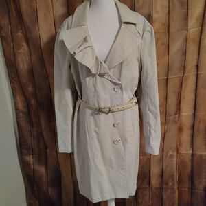 New York & Company Cream Ruffle Collar Belted Trench